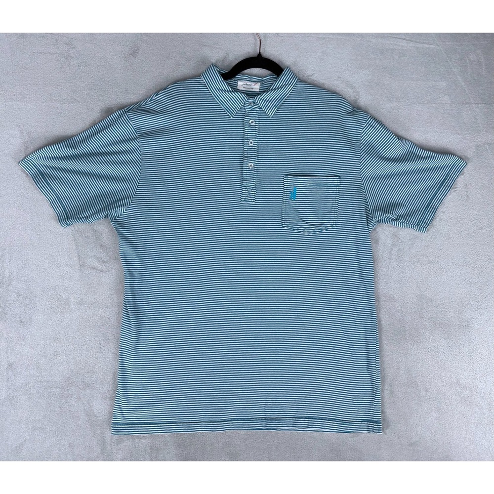 Johnnie O Hangin Out Shirt Mens XL Teal Blue Striped Golf Polo Summer Relax